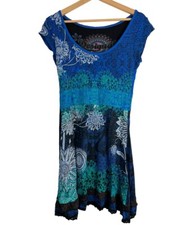 DESIGUAL Dress Small Blue Cap Sleeve FLORAL EMBROIDERED Boho Chic Abstract Beach