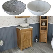 Cloakroom Bathroom Vanity Unit Oak Cabinet Wash Stand White Marble Stone Basin