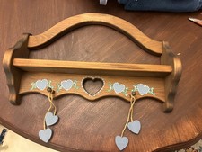 Vtg  Blue Heart Cut-Out Wooden Wall Rack -2 Hanging Pegs - 17 in cottagecore