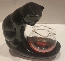 Vintage Whimsical Small Pottery Black Cat Figurine Fish Bowl W/ Goldfish Taiwan