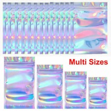 100Pcs Holographic Rainbow Zip Lock Bags Clear Zip Seal Mylar Bags Foil Pouches