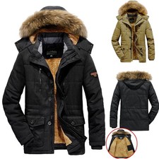Men Hooded Parka Long Sleeve Winter Warm Coat Casual Fleece Lined Outdoor Jacket
