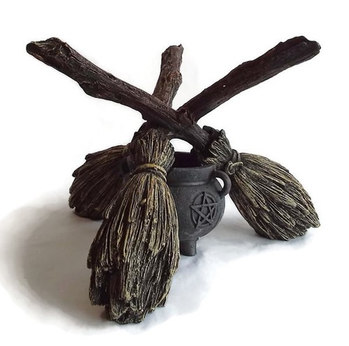 Three broomsticks and cauldron - broomsticks,