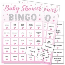 Baby Shower Game 20 Player - BINGO STARS-PINK, Girl, pink stars, games, party