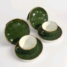 2 Trios Vintage APILCO Bistro 10cm Large Breakfast Cup Saucer & Plate Green Gold