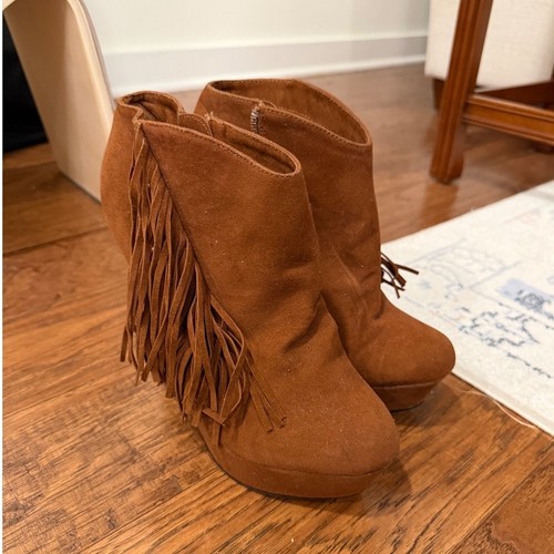 Cognac brown faux suede - brown, fringe