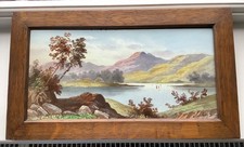 Antique Hand Painted Tile Upper Lake Killarney Ireland Oak Frame Circa 1900