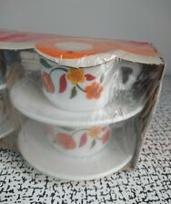 70s Vintage Arcopal Orange & White Floral Glass Coffee Cup & Saucer Set x 4 MCM
