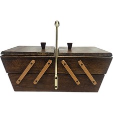 Wooden Cantilever Style Small Sewing Box With Many Contents 12"x5" 