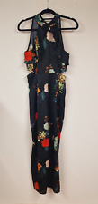 Zara Black Floral Jumpsuit Size Med Wide Leg Cut Out Sides Ruffle satin Detail