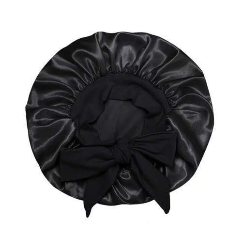 Black satin hair bonnet - black,