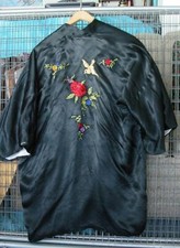Black Kimono, Knee-length, Lined in White, Embroidered with Flowers& Bird, Small