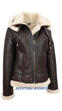 Womens Real Brown Sheepskin Flying Jacket Hooded Shearling B3 Pilot Aviator Coat