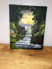 Original Oil On Canvas Beautiful Sunset Waterfall Scene Unsigned