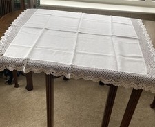 Vintage White Lace Trimmed Linen  Tablecloth.