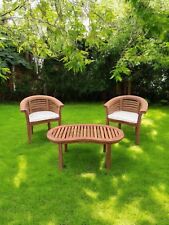 Teak Banana Curved Garden Bench Set Horizontal With Coffee Table Three Piece