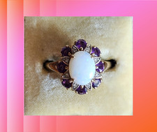 Amethyst, Diamond and Opal gold vintage cluster ring, size P