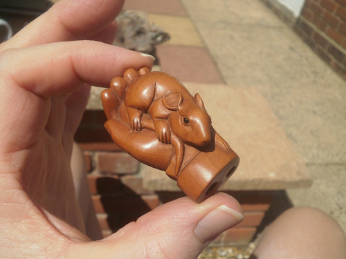 Hand carved wood netsuke mouse - hand,