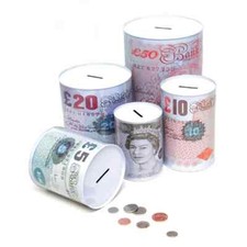 Money Box Tin £5 £10 £20 £50 Pound Note Design Kids Saving Cash PIggy Bank Box N