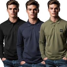 Belstaff Mens Designer Long Sleeve Polo Shirt Top Patch Phenix Black Logo