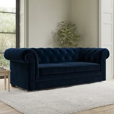Blue Velvet Sofa Bed 3 Seater Pull Out Chesterfield with Scroll Arms Wooden Feet