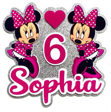 Minnie Mouse inspired cake Topper Personalised Any Name and Age Backed in Silver