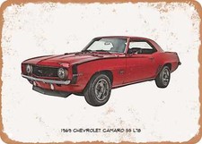 Classic Car Art - 1969 Chevy Camaro SS L78 Pencil Sketch - Rusty Metal Sign 2