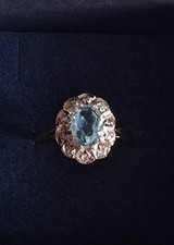 Vintage 9ct Gold Blue Topaz & Diamond Halo Ring, Size N