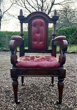Unique Antique Gothic Mahogany and Red Leather Throne Chair 