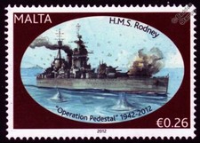 HMS RODNEY (29) Nelson-Class Navy Battleship Warship WWII Malta Convoys Stamp