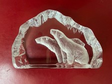 Mats Jonasson Målerås Crystal Sculpture – Polar Bears – Signed Swedish Art Glass