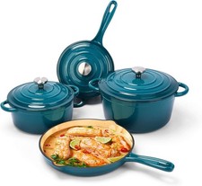 7 pcs Enamel Cast Iron Dutch Oven and Saucepan Set with Non Stick Pans With Lids