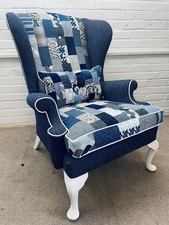 Parker Knoll Wingback Chair upholstered In Blue Colours Patchwork Design Mod 976