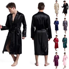 UK Men Long Satin Silk Pajamas Kimono Bathrobe Robe Dressing Gown Pjs Loungewear