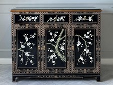 Chinese Oriental Black Lacquer Sideboard with Hand Painted Blossom Design