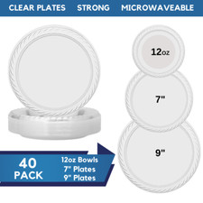 40 Pack Heavy Duty Clear Disposable Plastic Plates Bowls Microwavable Reusable