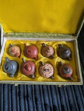 Vintage Miniature Yixing Style Clay Teapot Set In Original Silk Lined Box