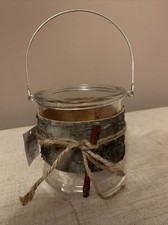 Large Hanging Glass & Rustic Bark Effect Candle Holder / Jar NEW With Tags