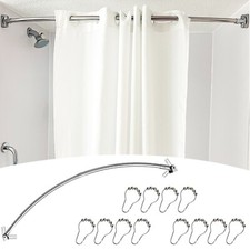S/S STEEL EXTENSIBLE CURVED SHAPED SHOWER CURTAIN ROD RAIL & 12 FREE RINGS HOOKS