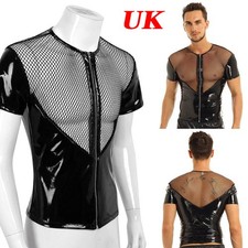 UK Mens Shiny PVC Leather Fishnet Splice T-Shirt Short Sleeve Zipper Front Tops