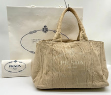 Authentic Prada Triangle Logo Canvas Beige Handbag W/Paper Bag i090569