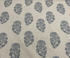 Penelope Floral Toile Fabric Beige  Blue Linen Cotton Curtain Blind Upholstery