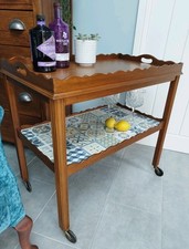 Antique Tea Drinks Trolley Table on Wheels With Ceramic Tiles Removable Tray