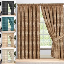 Luxury Jacquard Pencil Pleat Curtains Ready Made Pair of Curtains + Tiebacks