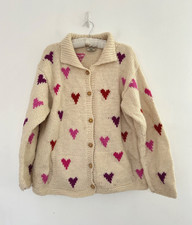 Pachamama Cardigan 100% Wool Heart Handmade Chunky Knit Nepal Pockets Size L/XL