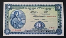 IRELAND DARK MULBERRY 1962  £10 POUND LADY  LAVERY (93V)  BANKNOTE