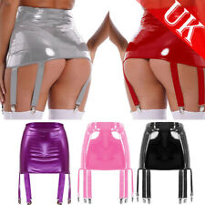 UK Women's Skirt Gothic High Waist Shiny Patent Leather Skirt with Garter Belts