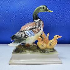 Mallard DUCK WITH DUCKLINGS Ceramic Figurine 15cm GLOSS Unmarked Vintage