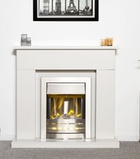 ELECTRIC FIRE PEBBLES WHITE MARBLE FIREPLACE SILVER INSET 2KW BRUSHED STEEL