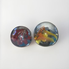 2 Giant Cat Eye Marbles, Clear And Red, Clear, Yellow And Orange